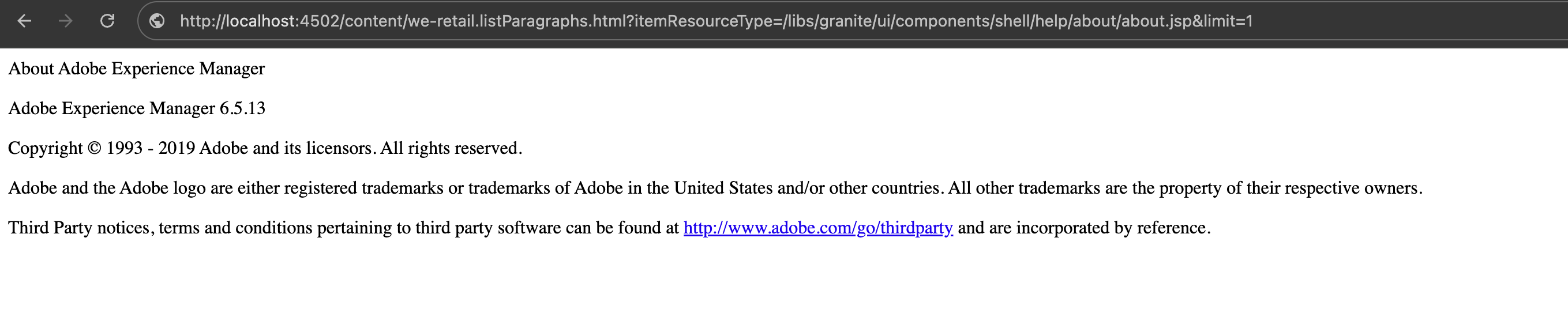 listParagraphs exposing AEM version information
